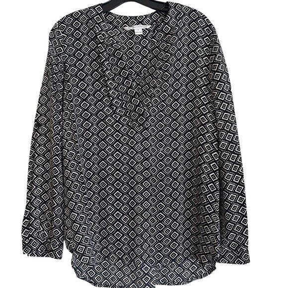 Diane von Furstenburg 95% silk black and off white long sleeve blouse. Size 0. - Picture 1 of 9